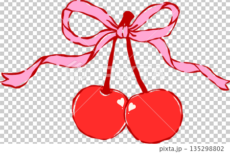 Whimsical Coquette Two Cherries with Ribbon Bow Valentine Hand Drawn Playful line Whimsical Coquette Two Cherries with Ribbon Bow Valentine Hand Drawn Playful line 135298802