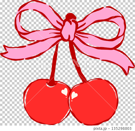Whimsical Coquette Two Cherries with Ribbon Bow Valentine Hand Drawn Whimsical Coquette Two Cherries with Ribbon Bow Valentine Hand Drawn 135298803