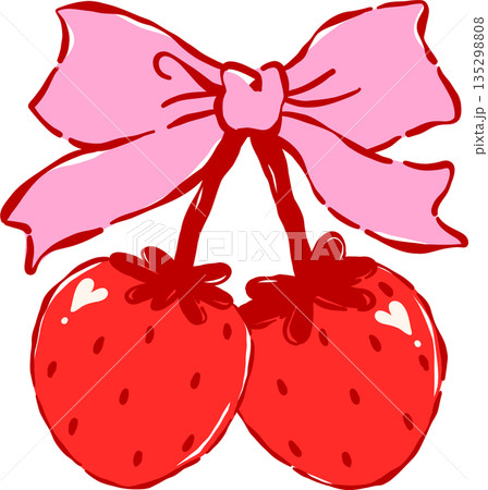 Whimsical Coquette Two Strawberries with Pink Bow Valentine Hand Drawn Playful Whimsical Coquette Two Strawberries with Pink Bow Valentine Hand Drawn Playful 135298808