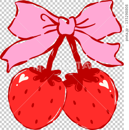Whimsical Coquette Two Strawberries with Pink Bow Valentine Hand Drawn Playful Whimsical Coquette Two Strawberries with Pink Bow Valentine Hand Drawn Playful 135298808
