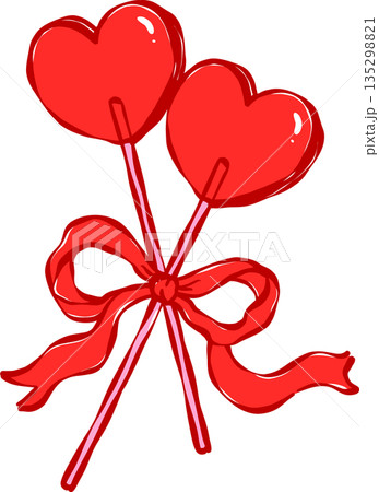Whimsical Coquette Two Heart Candy Lollipop with Ribbon Bow, Valentine Hand Drawn Playful 135298821