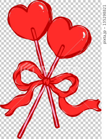 Whimsical Coquette Two Heart Candy Lollipop with Ribbon Bow, Valentine Hand Drawn Playful 135298821