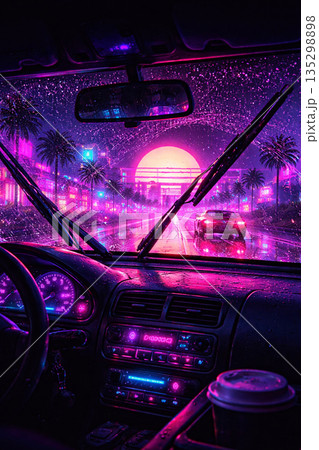 高速道路の光跡を走る車の運転席 135298898