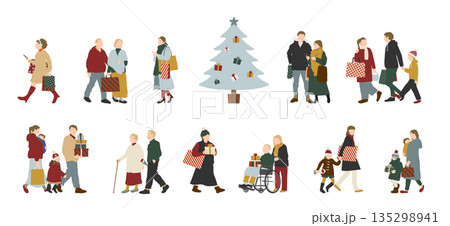 冬イベントの男女・家族・高齢者の買い物イラストセット 135298941