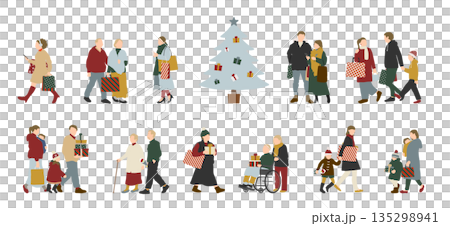 冬イベントの男女・家族・高齢者の買い物イラストセット 135298941
