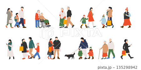 冬服の男女・家族・高齢者の買い物イラストセット 135298942