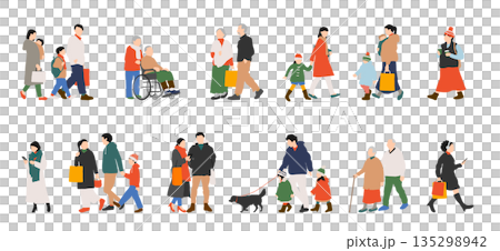 Shopping illustration set of men and women, families and elderly people in winter clothes 135298942