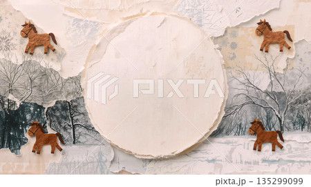 静かな白い円と歩くフェルト馬 135299099