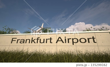 Arrivals at Frankfurt Airport with airplane landing near terminal, Frankfurt, Germany 3D rendering 135299162
