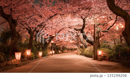 夜桜の並木道に舞う桜吹雪 夜桜の並木道に舞う桜吹雪 135299208