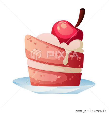 slice strawberry cheese poundcake with cream and cherry 135299213