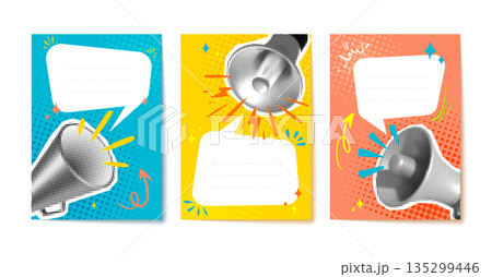 Collage Pop Art Posters with Halftone Megaphones and Comic Speech Bubbles. Colorful Retro Backgrounds. Notebook Covers with Signage Copy Space. Advertising Message Design Banner. Vector Illustration Collage Pop Art Posters with Halftone Megaphones and Comic Speech Bubbles. Colorful Retro Backgrounds. Notebook Covers with Signage Copy Space. Advertising Message Design Banner. Vector Illustration 135299446