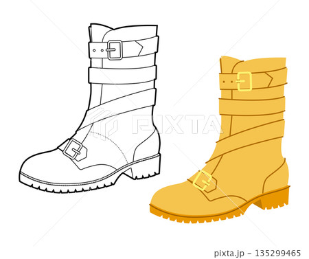Yellow biker strap boot women color plus line set. Triple buckle block heel boot lookbook spread and branding project  135299465