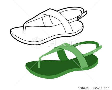 Green thong sandal shoe women flat plus line set. Ankle strap flip flop sandal for travel blog beach project. Technical  135299467