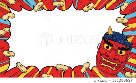 節分の豆と鬼のお面をモチーフにした広告用のかわいいイラスト背景 135299657