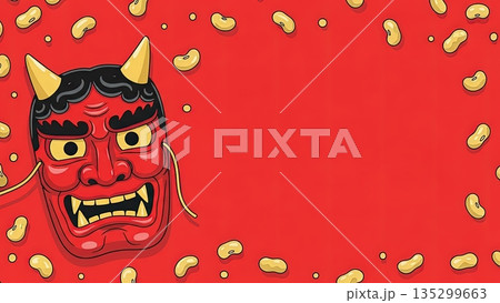 節分の豆と鬼のお面をモチーフにした広告用のかわいいイラスト背景 135299663