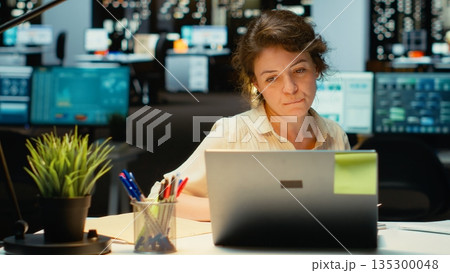 Businesswoman stretching her upper back and neck muscles, correcting the posture and neck stiffness for relief and relaxation. Intense office activity due to overtime late at night. Camera B. 135300048