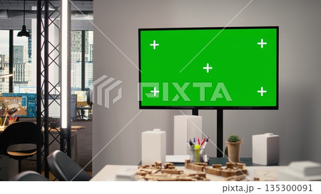 Development and property planning with copy space on TV in empty office, highlighting city planning strategy, zoning regulations and infrastructure growth for housing and redevelopment projects. 135300091