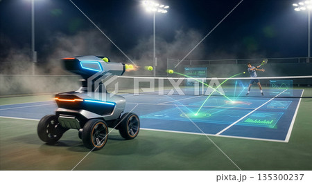 フィジカルAI  夜間テニスコートでのAIロボットとのトレーニング 135300237