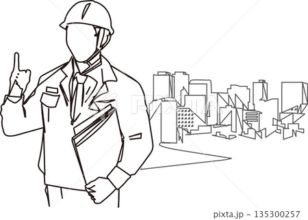 指差しをする建設業の男性作業員の線画イラスト素材 指差しをする建設業の男性作業員の線画イラスト素材 135300257