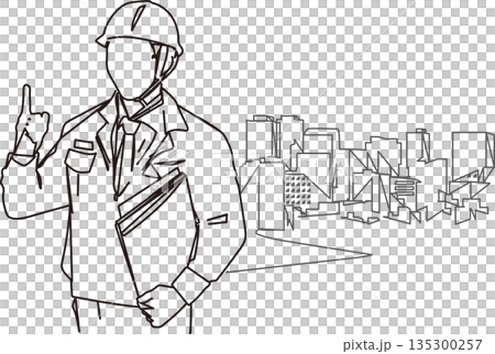 Line drawing illustration of a male construction worker pointing Line drawing illustration of a male construction worker pointing 135300257