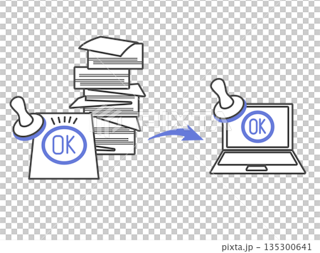 Illustration of the transition from manually stamping approval to digitally stamping approval 135300641