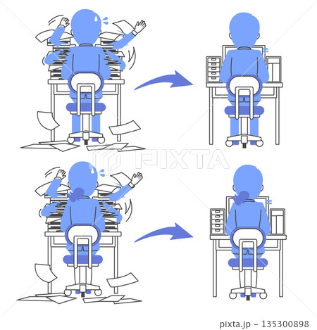 手作業で書類を片付けていた状態からパソコン上ですべて作業できるようになった仕事のイラスト 135300898