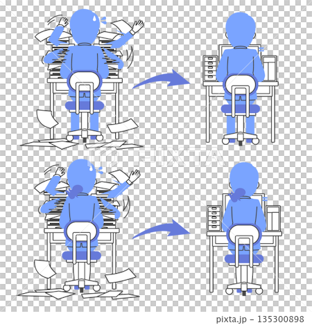 手作業で書類を片付けていた状態からパソコン上ですべて作業できるようになった仕事のイラスト 135300898