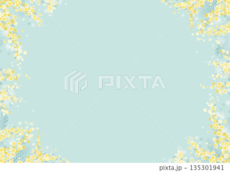 ミモザの花をあしらった春の背景フレーム素材｜ナチュラル配色 A4 横 高画質 135301941