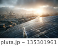 Urban solar transition, Glistening solar panel reflects urban energy transformation at dawn, Panoramic view emphasizes dynamic shift to sustainable energy within cityscapes 135301961