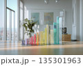 Vibrant display art, Colorful glass sculpture in room, Bright glass structure enhances modern living space, Rainbowhued glass installation with city view and elegant ambiance 135301963