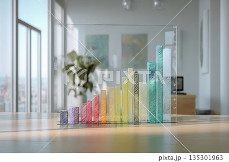 Vibrant display art, Colorful glass sculpture in room, Bright glass structure enhances modern living space, Rainbowhued glass installation with city view and elegant ambiance 135301963