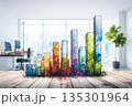 Bright urban scene with layered skyline details, Detailed artistic representation of city arrangement on desk highlighting modern aesthetics and environmental themes 135301964