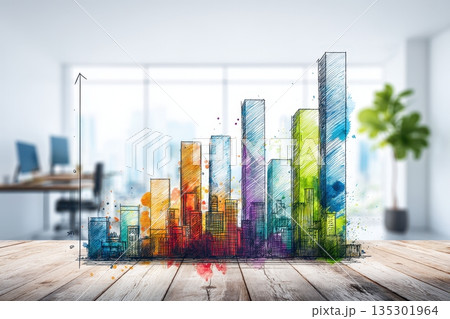 Bright urban scene with layered skyline details, Detailed artistic representation of city arrangement on desk highlighting modern aesthetics and environmental themes 135301964