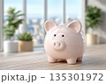 Closeup pink piggy bank by plant, highdetail ceramic texture, bright interior lighting, steady saving habit, confidence in financial planning, lifestyle finance imagery 135301972