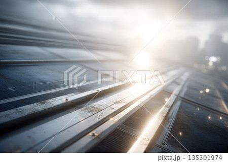 Closeup linear solar cells at sunrise, sharp focus on microtextures and metallic rails, tiny water beads catching light, highdetail technical composition with warm backlight 135301974