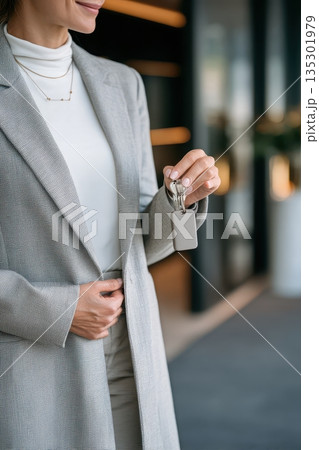 Elegant guest secures room, Refined individual locks hotel door gracefully, Chic guest in patterned attire engages with hotel lock amidst inviting lobby illumination 135301979