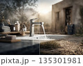Outdoor sink scene, Backyard water station atmosphere, Casual garden hygiene with sunlight and mist, Relaxed outdoor wash area with scattered toiletries and sunlight 135301981
