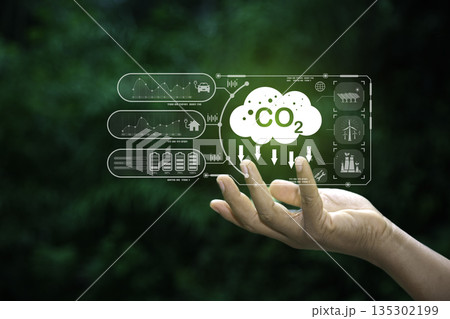 hand holding a digital interface with CO2 TAX icon, representing the concept of carbon tax and its role in promoting a green, sustainable economy. 135302199