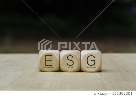 ESG concept of environment, society and governance, sustainable business with ecological approach, clean world wooden block with ESG word on green background. ESG concept of environment, society and governance, sustainable business with ecological approach, clean world wooden block with ESG word on green background. 135302201