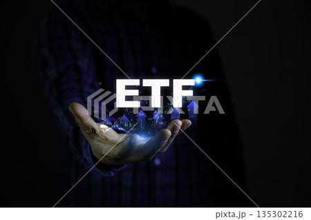 ETF investment concept with glowing text and stock market chart, symbolizing trading, portfolio growth, and financial success. 135302216