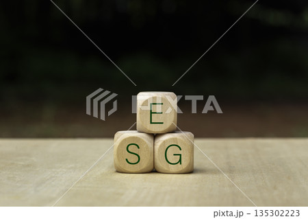ESG concept of environment, society and governance, sustainable business with ecological approach, clean world wooden block with ESG word on green background. ESG concept of environment, society and governance, sustainable business with ecological approach, clean world wooden block with ESG word on green background. 135302223