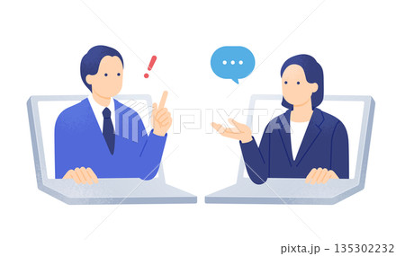 オンライン相談。アドバイスで課題解決。声をかける女性とひらめく男性のイラスト素材。 オンライン相談。アドバイスで課題解決。声をかける女性とひらめく男性のイラスト素材。 135302232