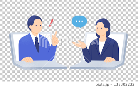オンライン相談。アドバイスで課題解決。声をかける女性とひらめく男性のイラスト素材。 オンライン相談。アドバイスで課題解決。声をかける女性とひらめく男性のイラスト素材。 135302232