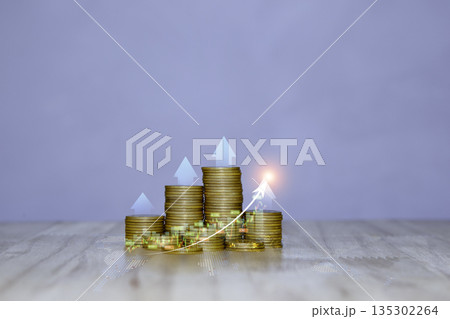Stacks of gold coins with upward arrows and a rising graph, symbolizing strong financial growth, successful investments, and increasing profits. Stacks of gold coins with upward arrows and a rising graph, symbolizing strong financial growth, successful investments, and increasing profits. 135302264