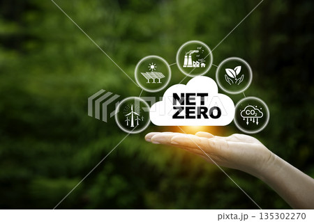 hand supporting a cloud with NET ZERO and interconnected icons representing solar, wind, CO2 reduction, and sustainable practices, against a green background. hand supporting a cloud with NET ZERO and interconnected icons representing solar, wind, CO2 reduction, and sustainable practices, against a green background. 135302270