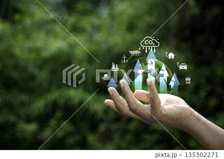 NET ZERO concept, Hand holding a globe with upward arrows and icons representing renewable energy, CO2 reduction, and sustainable technologies, against a natural green background. 135302271