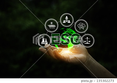 hand holding a globe with the text "ESG" and icons representing environmental, social, and governance factors, symbolizing corporate responsibility and sustainability. hand holding a globe with the text "ESG" and icons representing environmental, social, and governance factors, symbolizing corporate responsibility and sustainability. 135302273