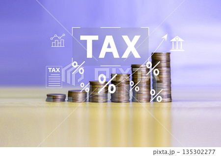 Stacked coins with tax and percentage symbols, representing finance, taxation, government revenue, and economic growth. Stacked coins with tax and percentage symbols, representing finance, taxation, government revenue, and economic growth. 135302277