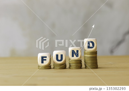 Stacks of coins topped with "FUND" blocks and an upward arrow, symbolizing increasing investment funds, financial growth, and successful fund management. Stacks of coins topped with "FUND" blocks and an upward arrow, symbolizing increasing investment funds, financial growth, and successful fund management. 135302293